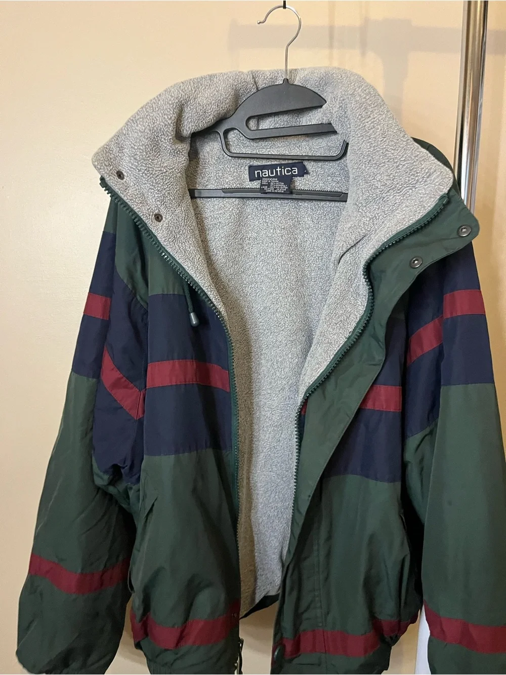 1990s Nautica Green Navy Red Stripe Fleece-Lined Winter Puffer Jacket